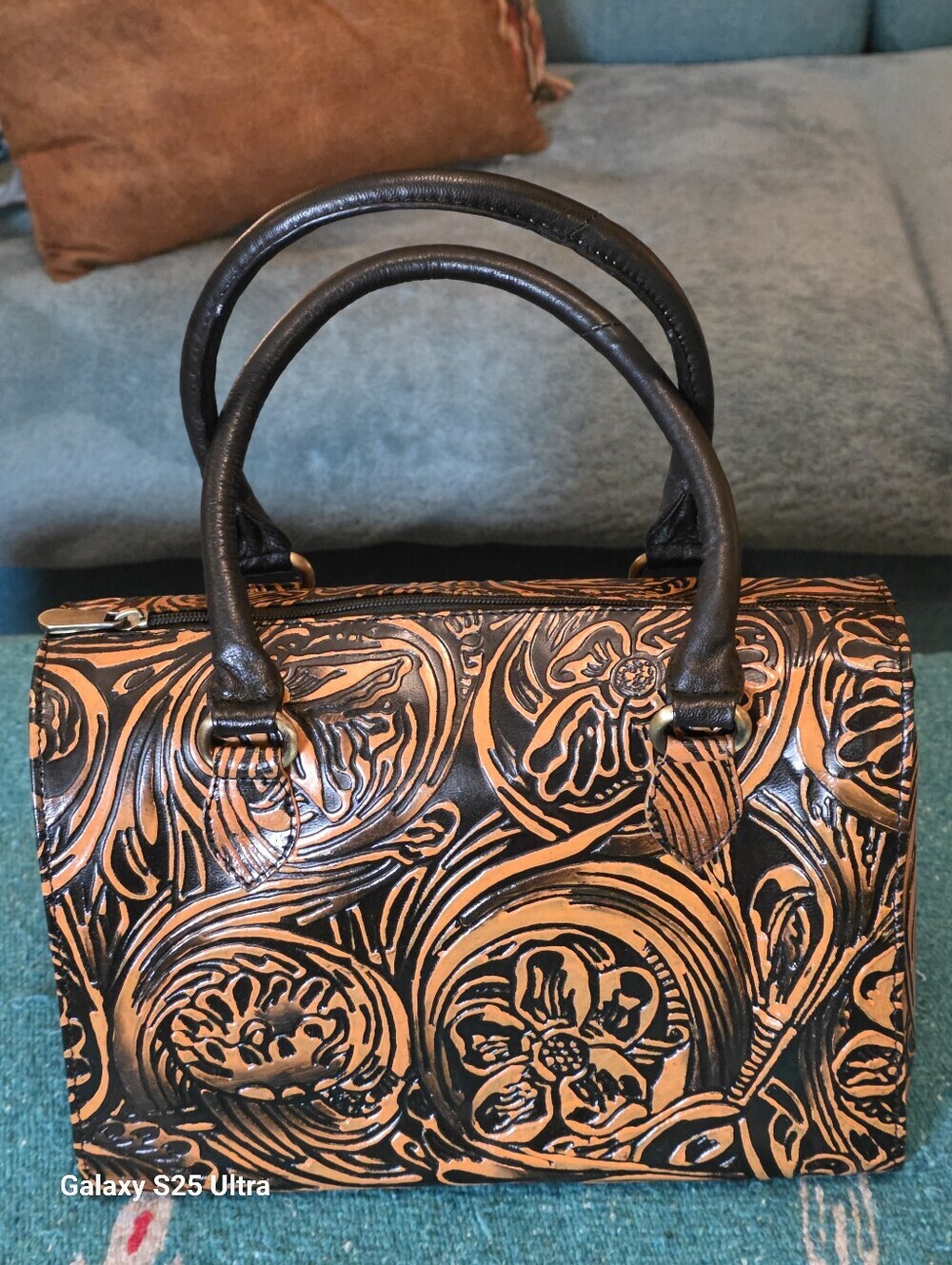 Floral Artisan Leather Speedy Satchel Burnt Copper & Black Western Crossbody - Picture 13 of 17